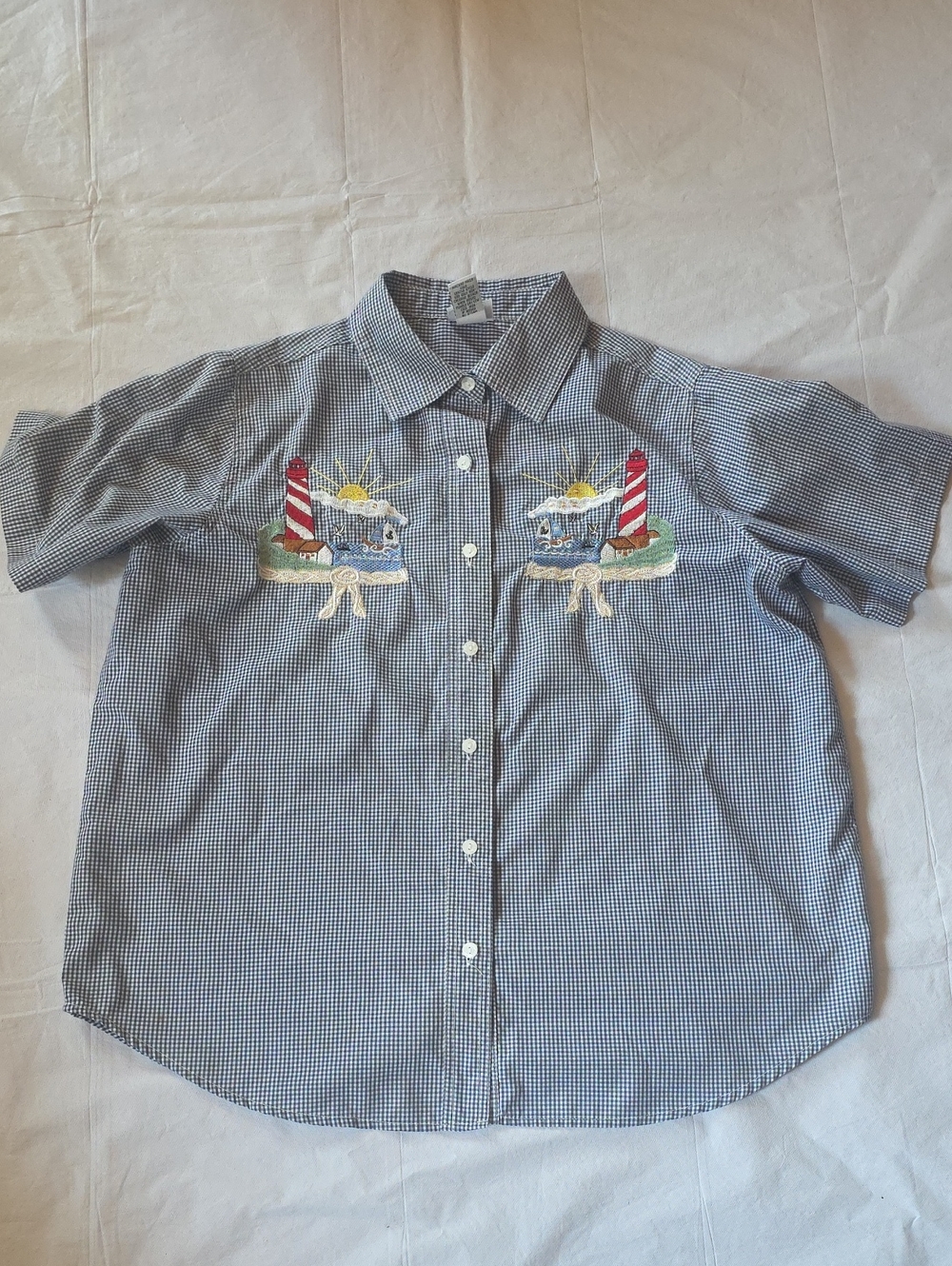 Bon Worth Women's Embroidered Gingham Check Button Front Lighthouse Nautical PM